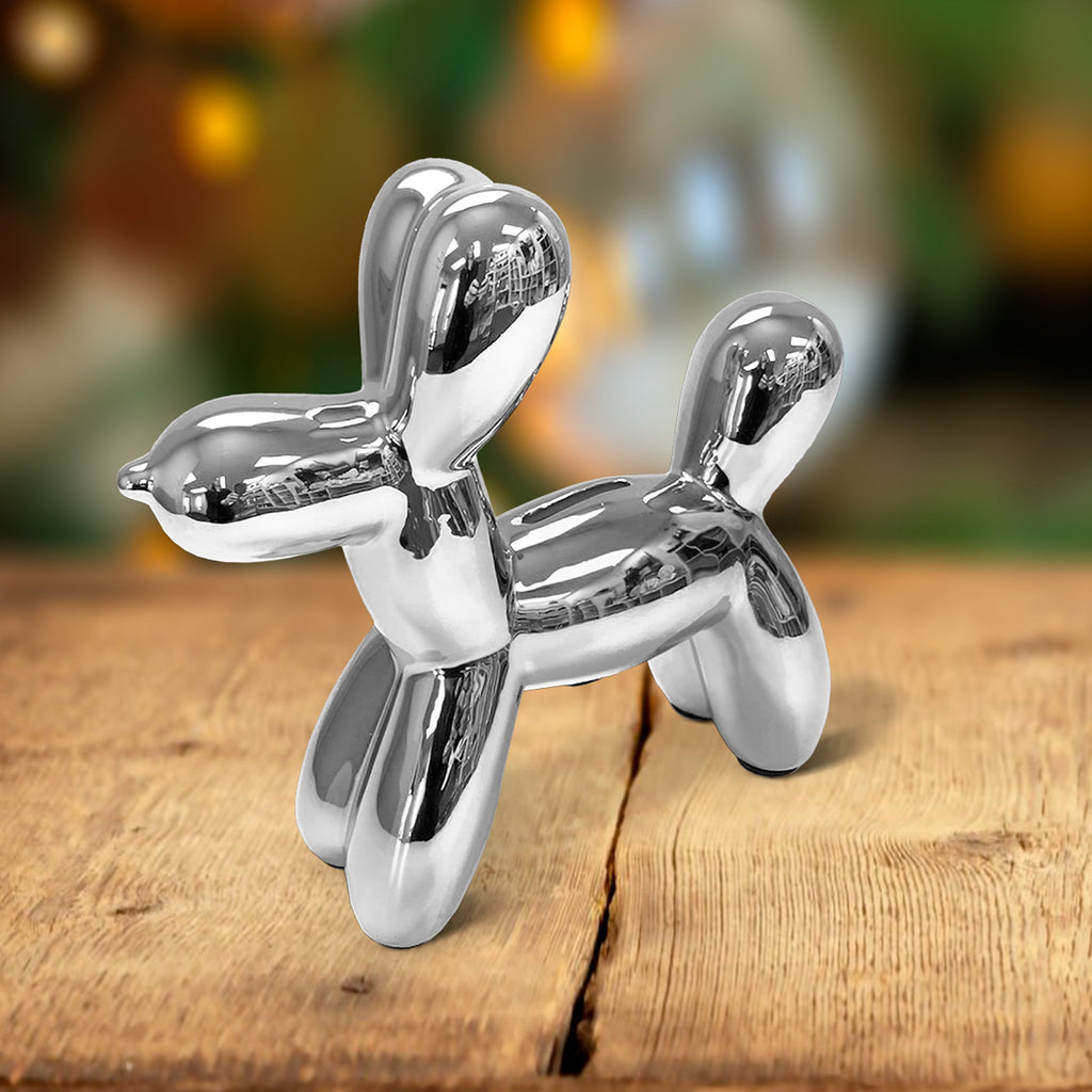 Silver Balloon Dog Bank Decorative Coin Currency Savings Container Gift