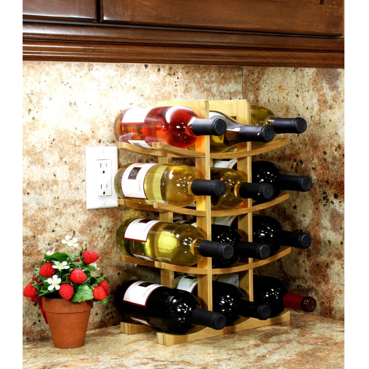 Natural Bamboo 12 Bottle Wine Rack Modern Freestanding Countertop